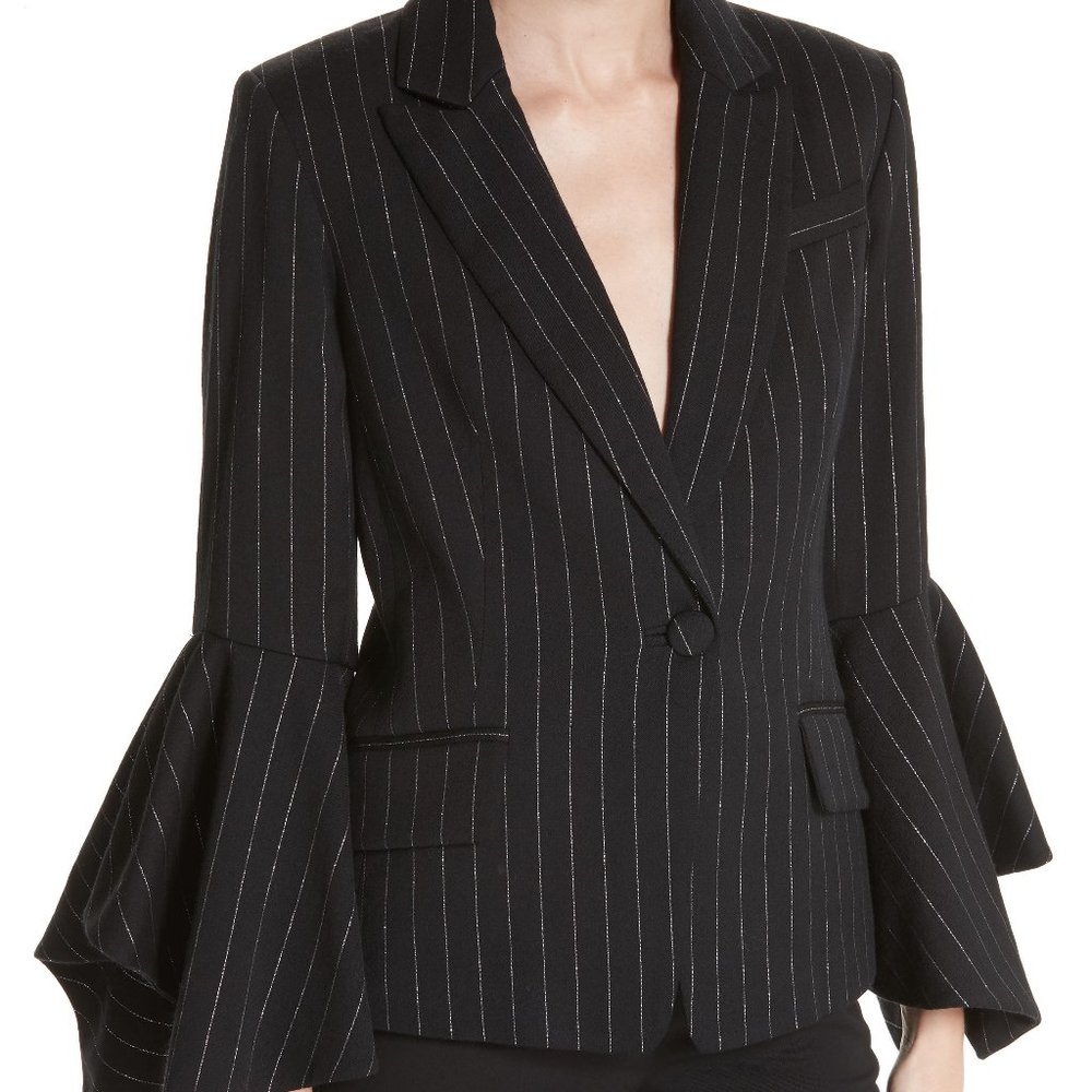 - MILLY Ruffle Sleeve Pinstripe Blazer